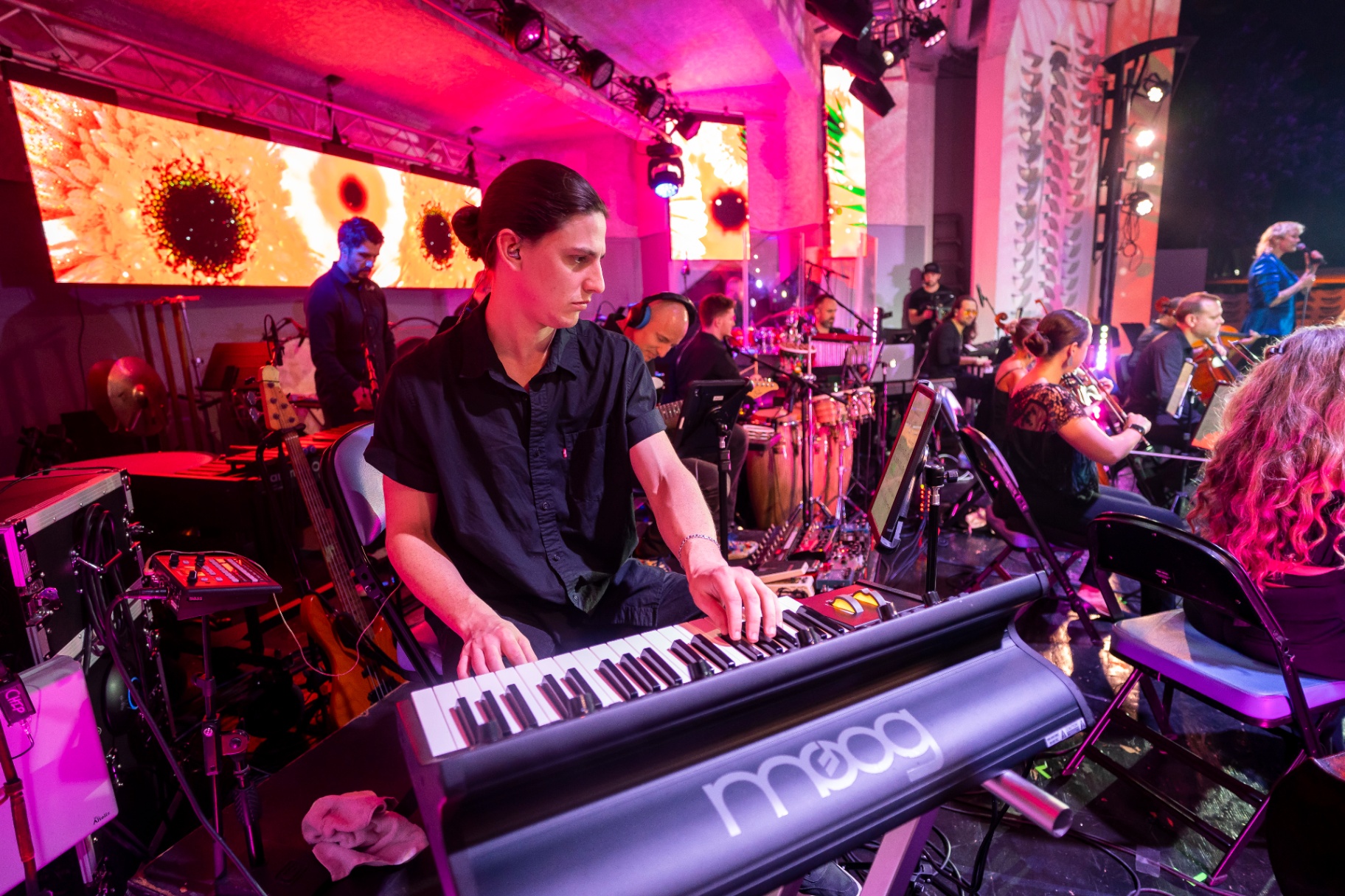 Nu Deco Ensemble keyboardist playing a Moog synthesizer with vivid pink stage lighting during the Betty Who concert